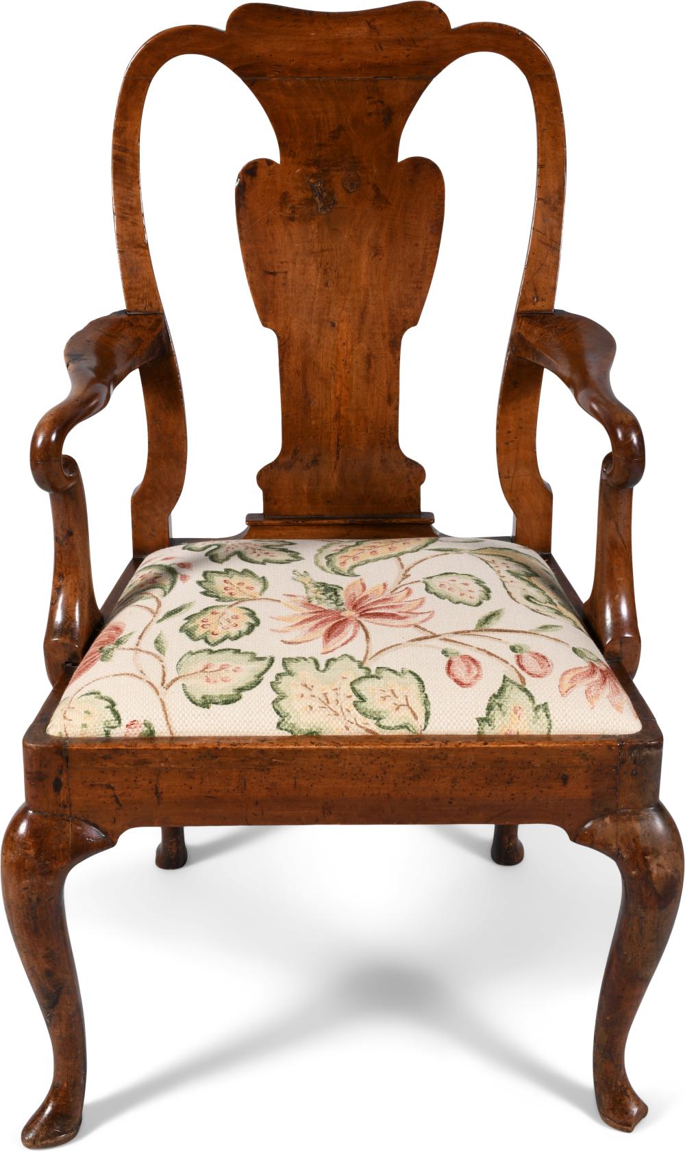 QUEEN ANNE WALNUT OPEN ARMCHAIR,