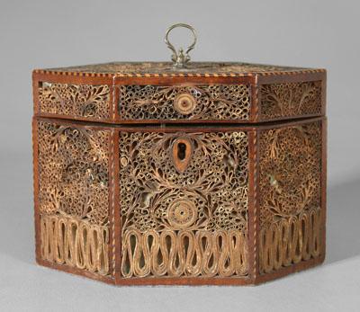 Quillwork tea caddy, hexagonal with