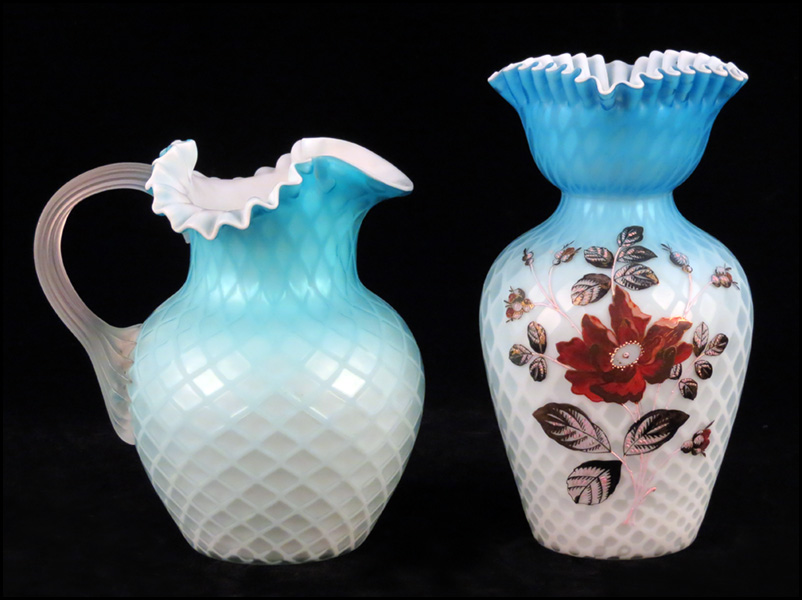 QUILTED BLUE SATIN GLASS PITCHER.