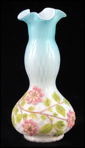 QUILTED SATIN GLASS VASE. Bearing