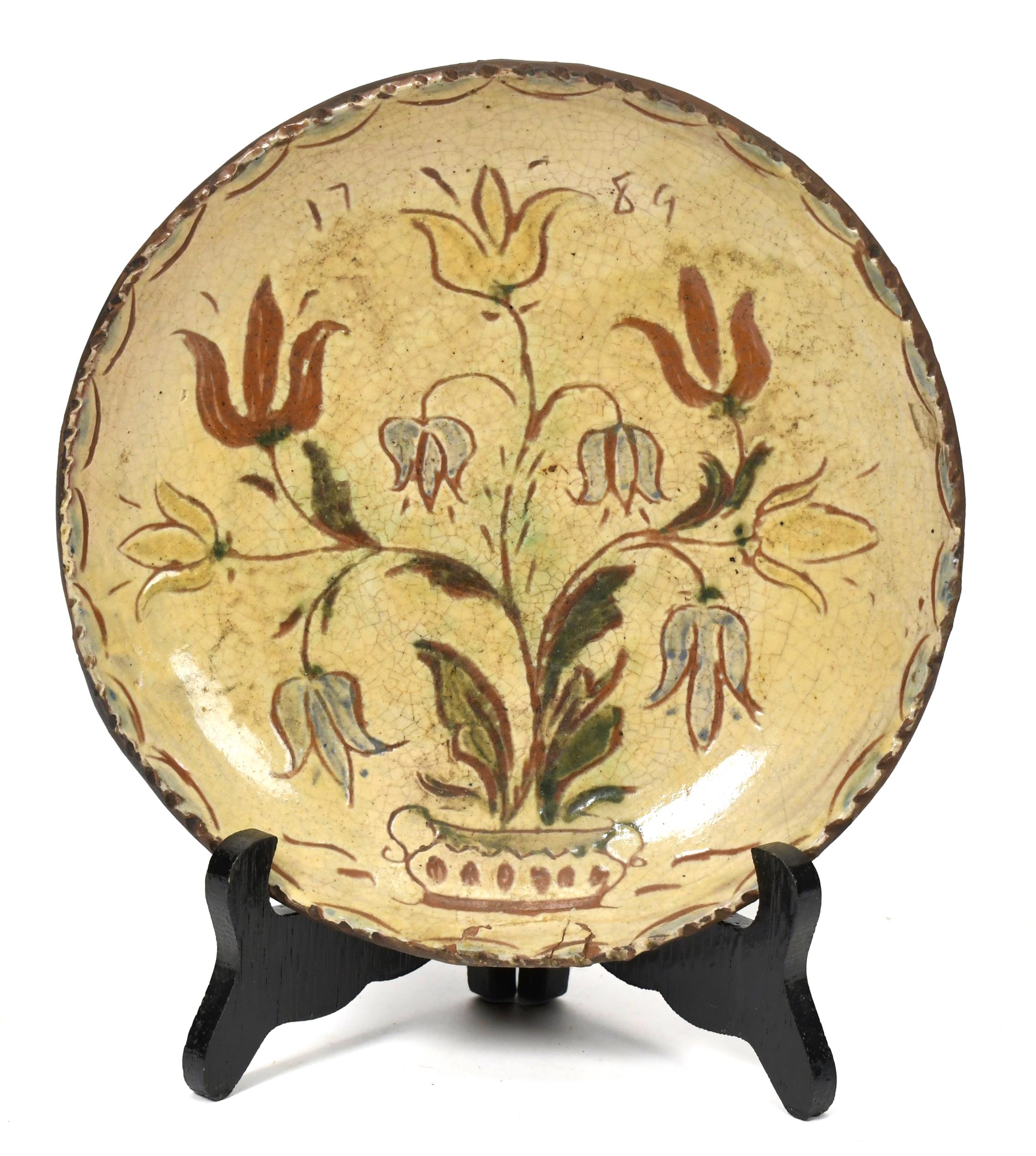 RARE 1789 SGRAFFITO REDWARE DISH.