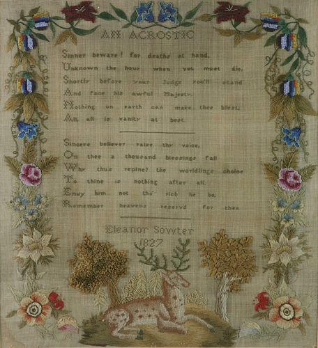RARE 1827 ACROSTIC POEM SAMPLER