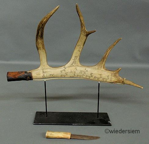 Rare Inuit reindeer horn carved and