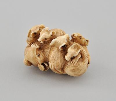 Rat with Six Pups Ivory Netsuke