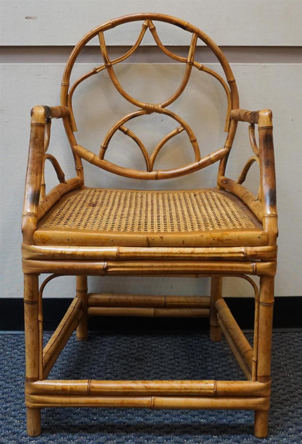 RATTAN AND CANED SEAT ARM CHAIR, H: