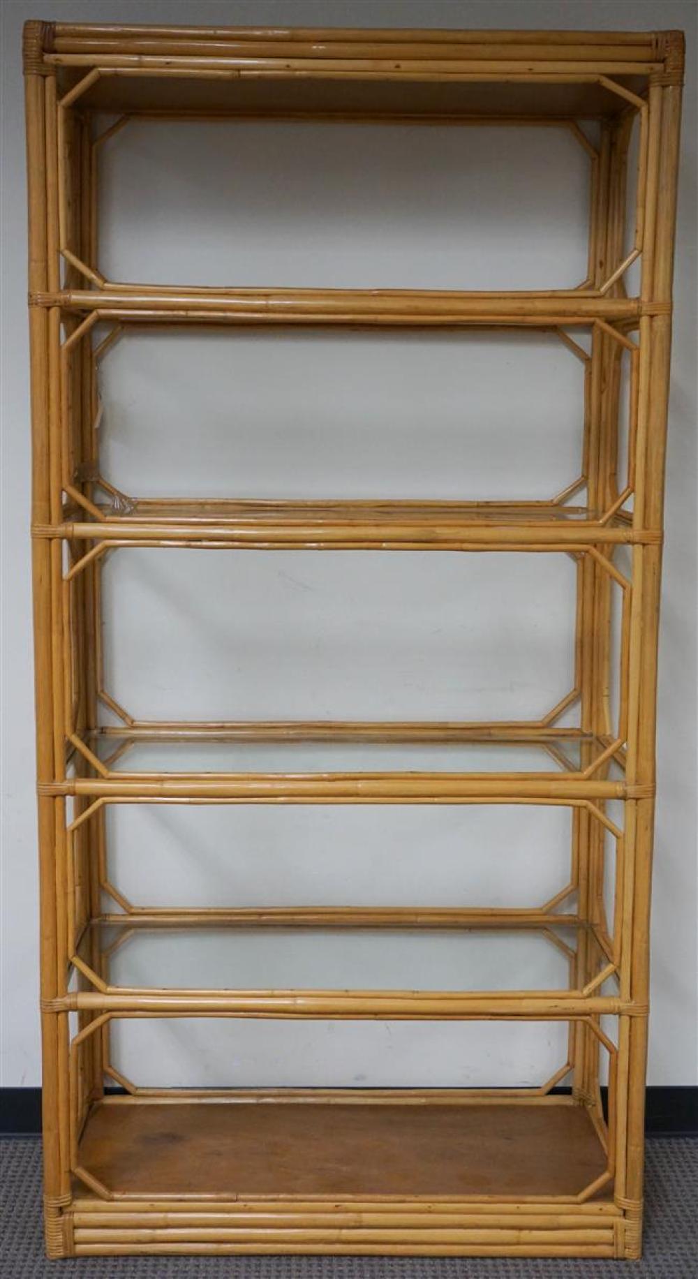 RATTAN AND GLASS SHELF ETAGERE,