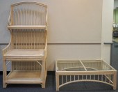 RATTAN BAKER'S RACK AND GLASS