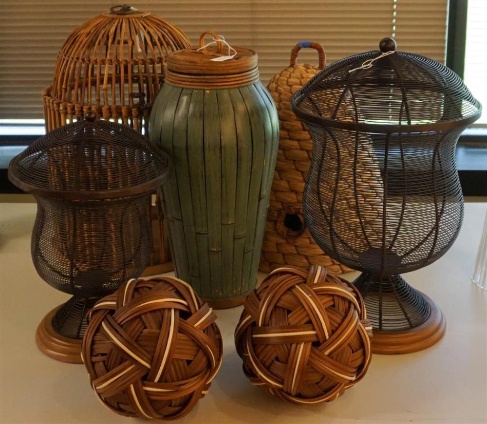 RATTAN CAGE, PAIR WIRE URNS, RATTAN