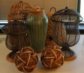 RATTAN CAGE, PAIR WIRE URNS, R