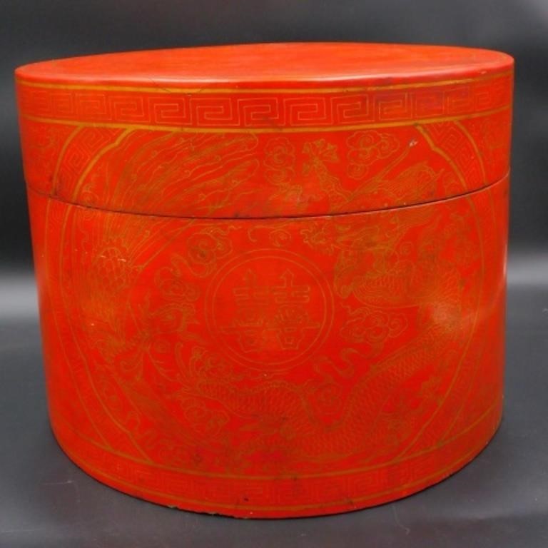 RED AND GOLD MANDARIN HAT BOX.