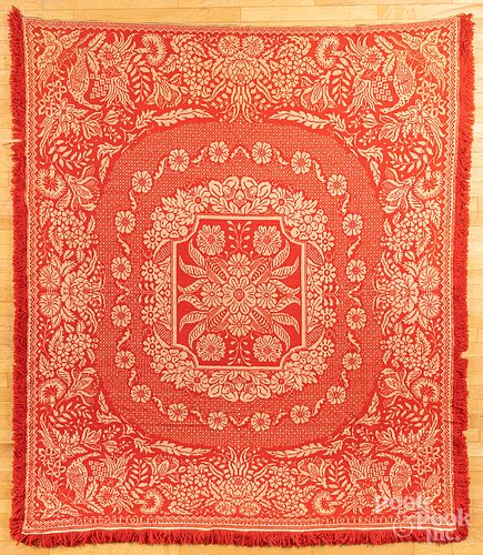 RED AND WHITE JACQUARD COVERLET,