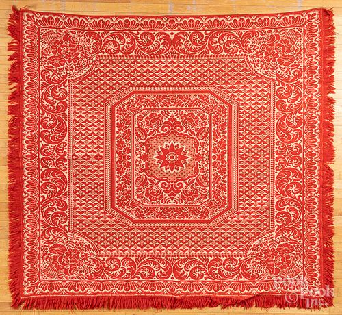 RED AND WHITE JACQUARD COVERLET,