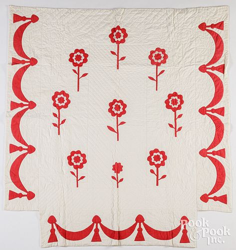 RED AND WHITE PIECED BEDSPREAD, CA.