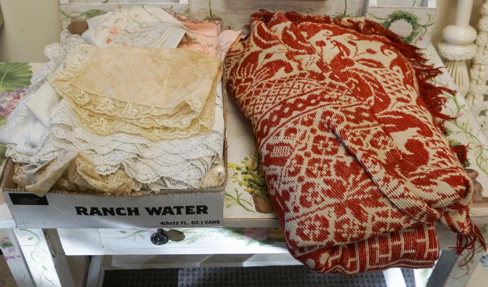 RED AND WHITE WOVEN COVERLET AND