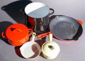 RED ENAMEL CAST IRON PAN, TWO