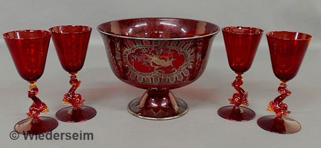 Red glass punchbowl with silver