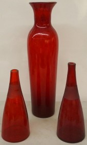 RED GLASS TALL VASE AND TWO RE