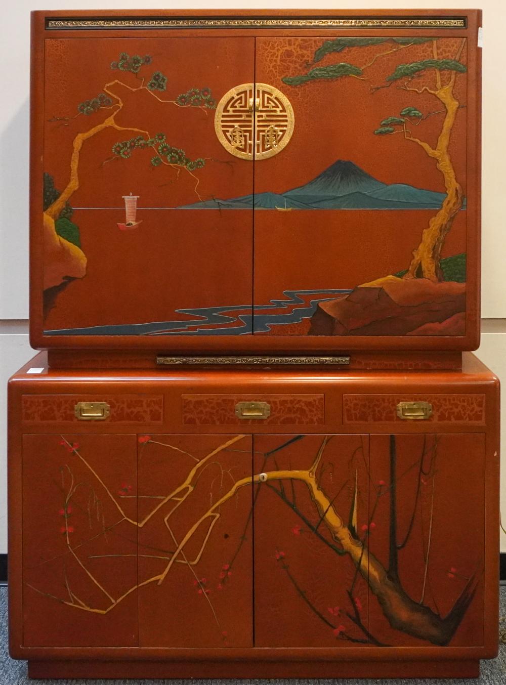 RED JAPANNED TWO-PART CABINET, 71 X