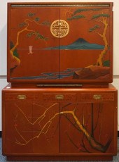 RED JAPANNED TWO-PART CABINET,