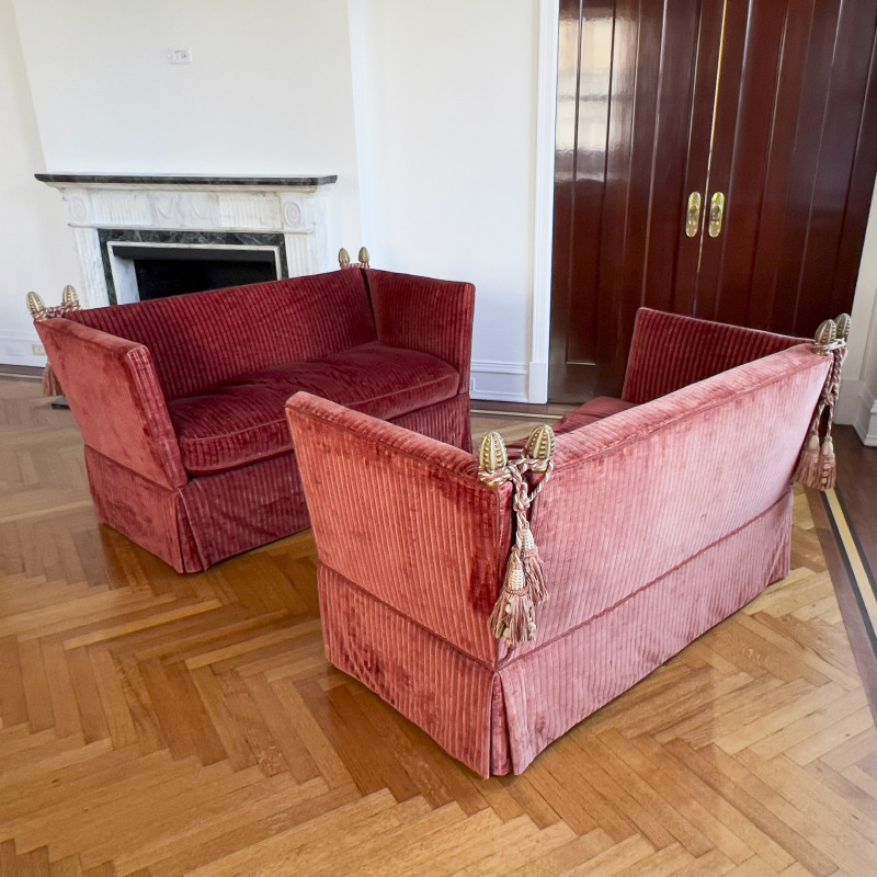 RED KNOLE DROP ARM SETTEES,