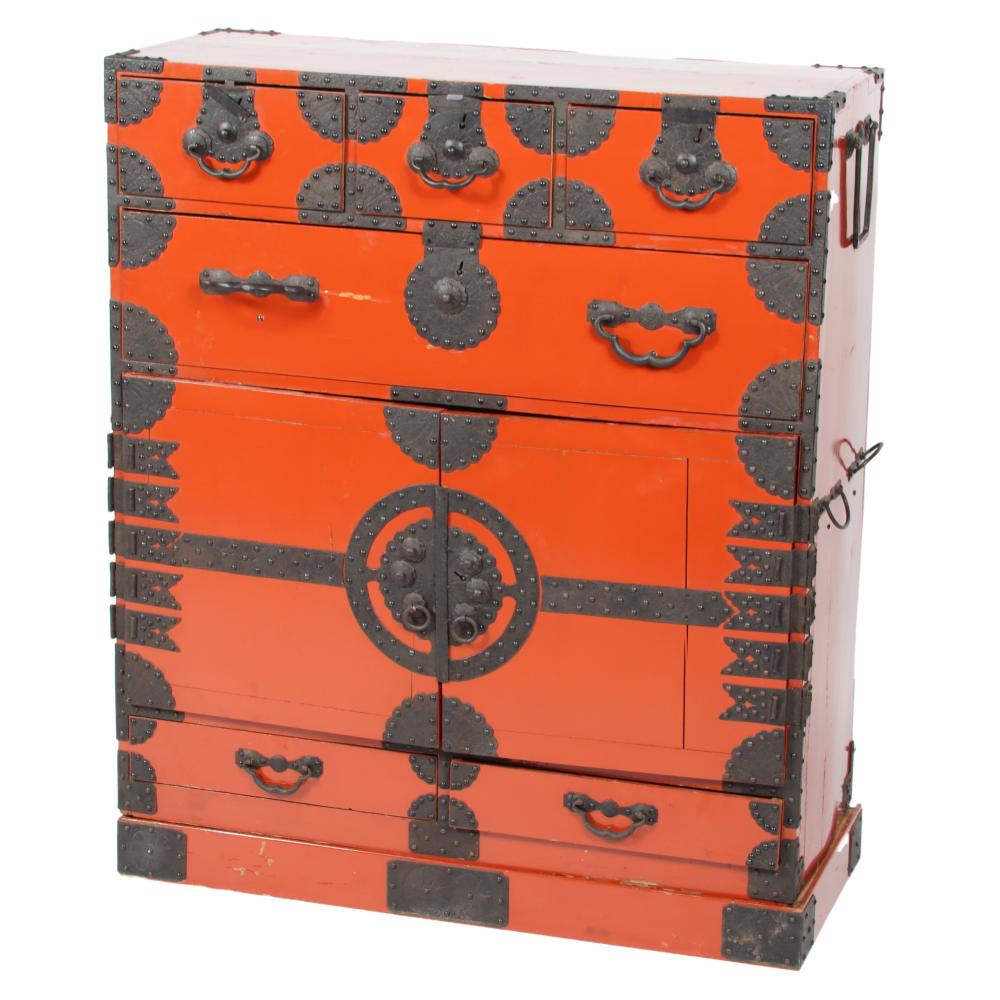 RED LACQUER JAPANESE TANSU CHEST