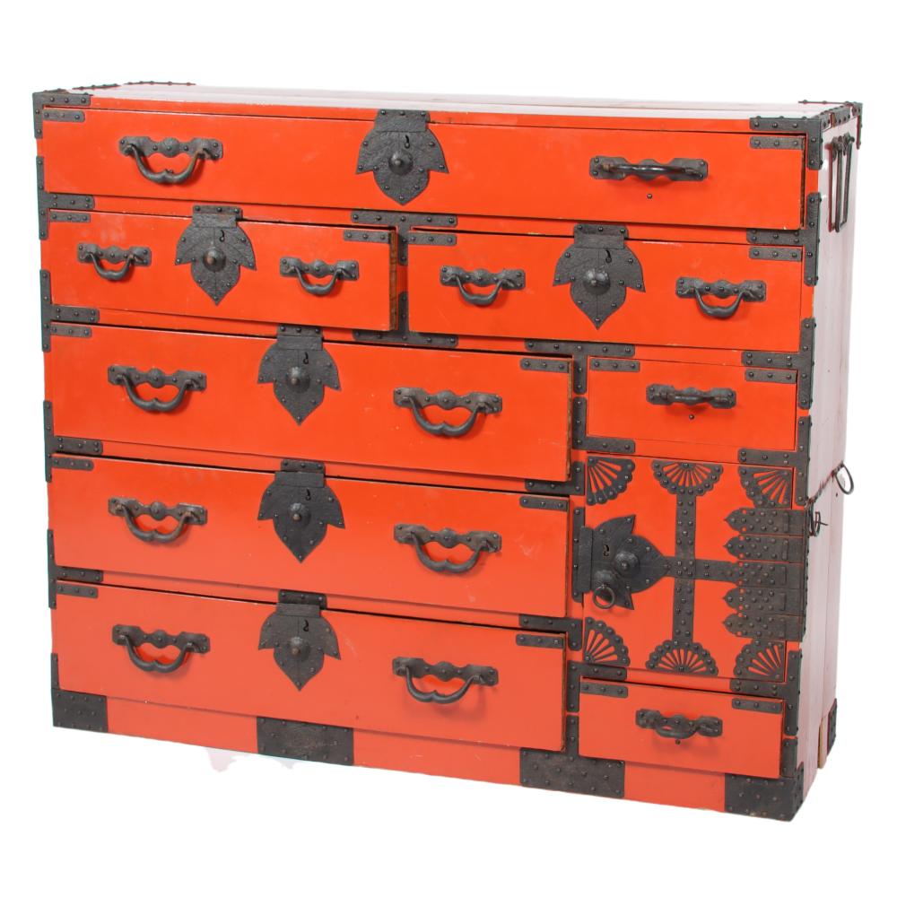 RED LACQUER JAPANESE TANSU CHEST