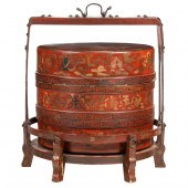 RED LACQUERED FOOD BASKET AND