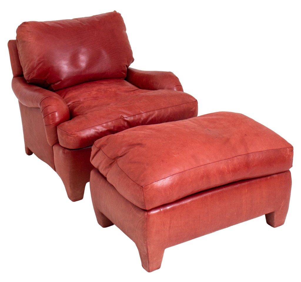 RED LEATHER UPHOLSTERED ARM CHAIR &