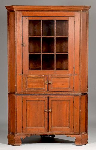 RED PAINTED CORNER CUPBOARD,