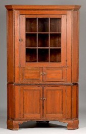 RED PAINTED CORNER CUPBOARD, P