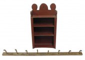 RED PAINTED WALL SHELF AND EIG