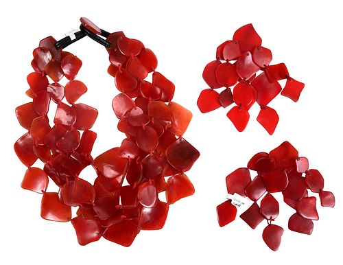 RED RESIN MULTI STRAND NECKLACE AND
