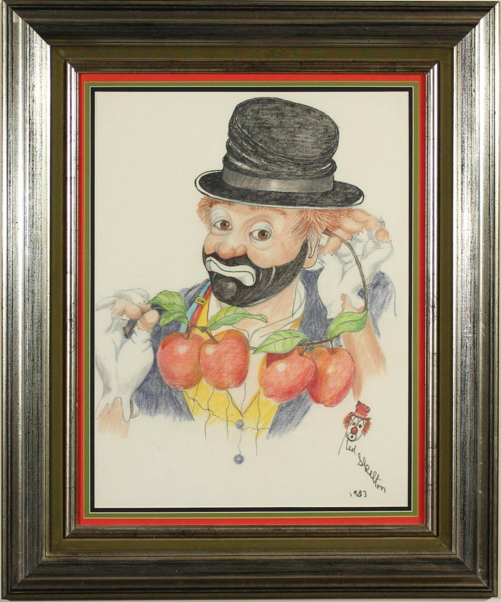 RED SKELTON PASTEL AND INK ON