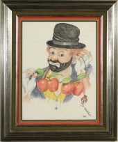 RED SKELTON PASTEL AND INK ON