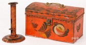 RED TOLEWARE BOX AND CANDLESTI