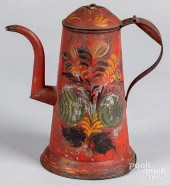 RED TOLEWARE COFFEE POT, 19TH
