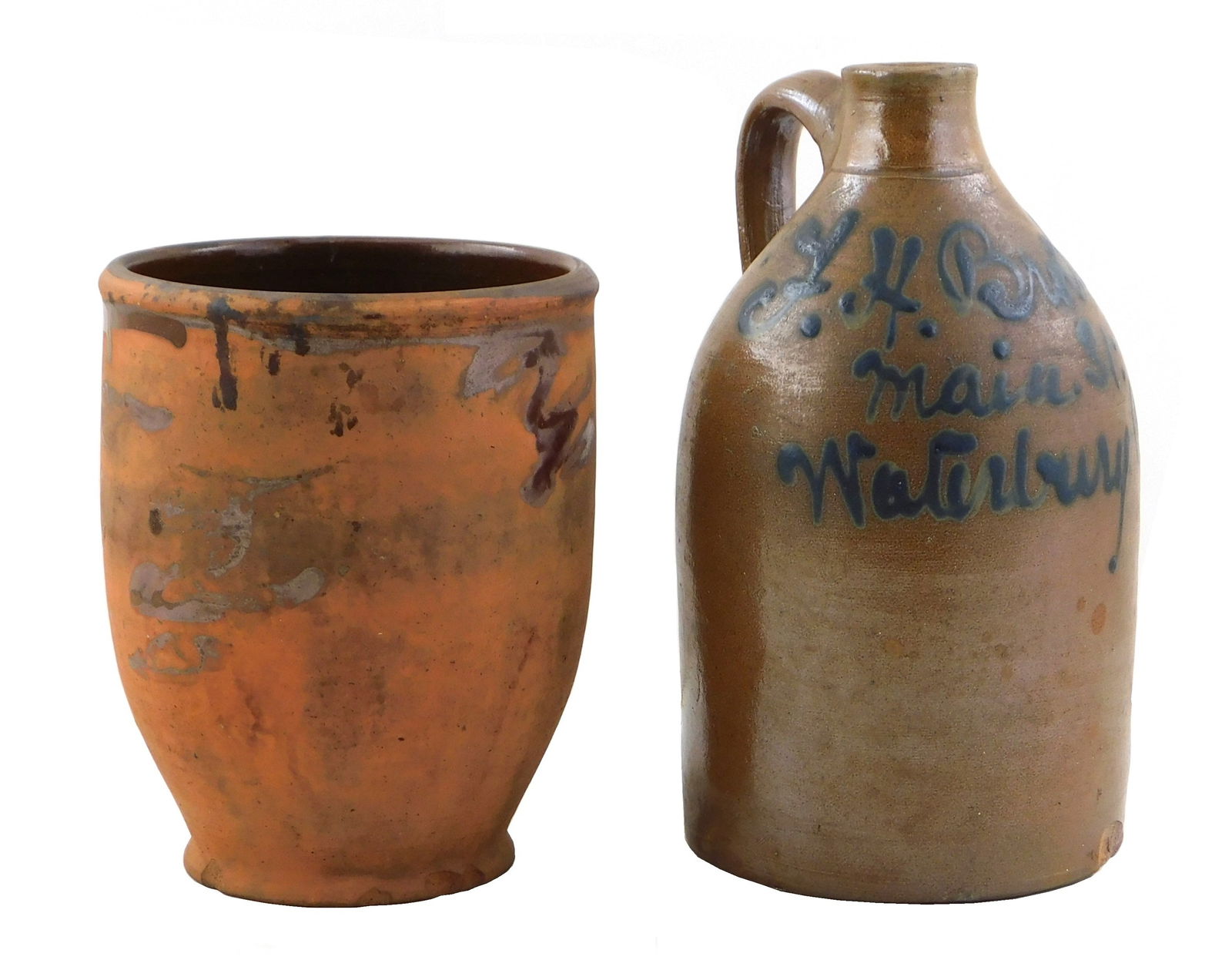 REDWARE CROCK AND JUG, 19TH C.,