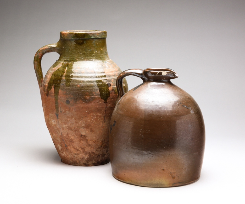 REDWARE JAR AND STONEWARE JUG. Late
