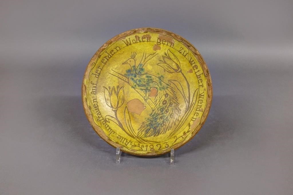 Redware scraffito pie plate dated