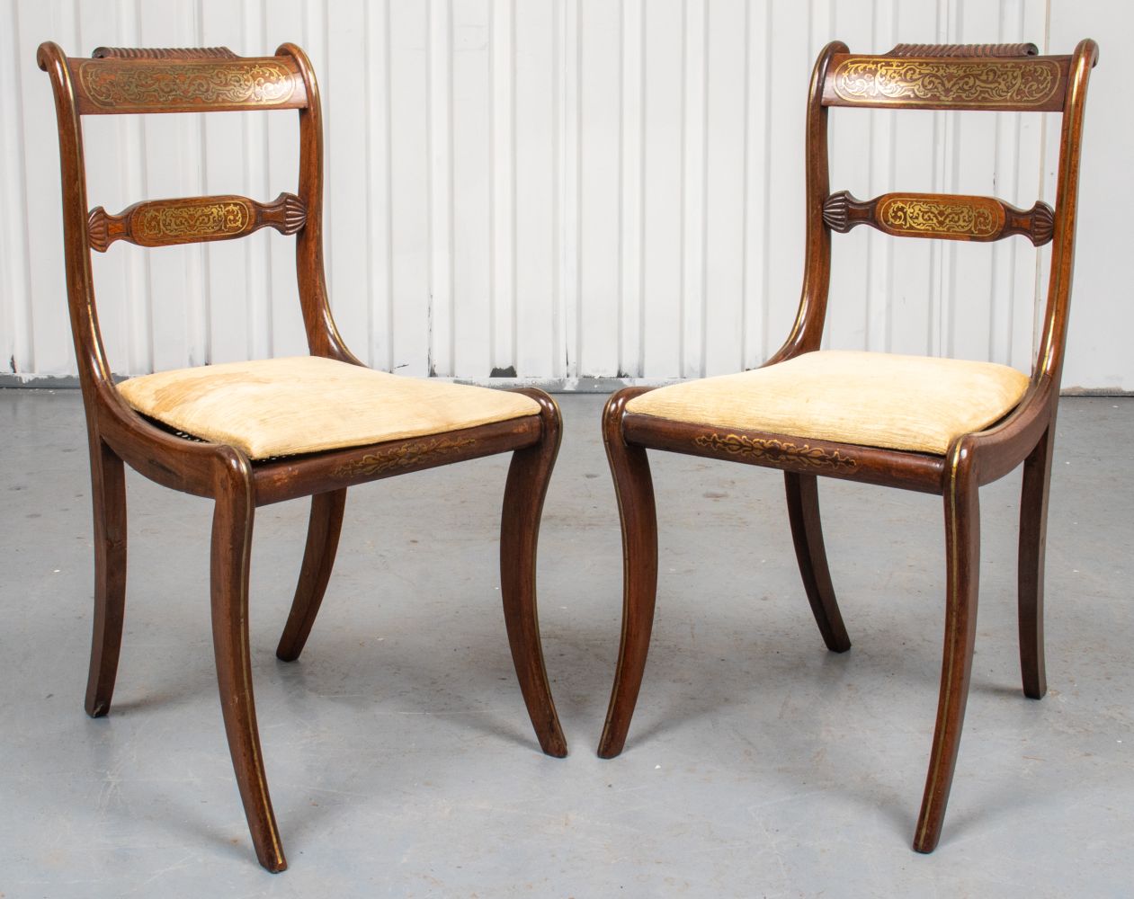 REGENCY BRASS INLAID SIDE CHAIRS,