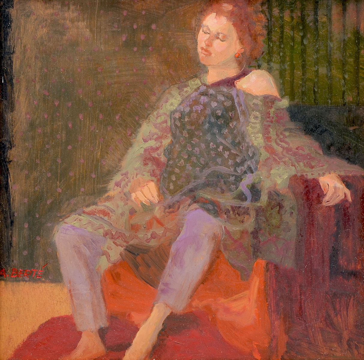 RELAXING REDHEAD PAINTING SIGNED A.
