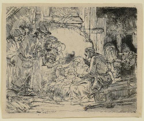 REMBRANDT ETCHING "ADORATION OF THE