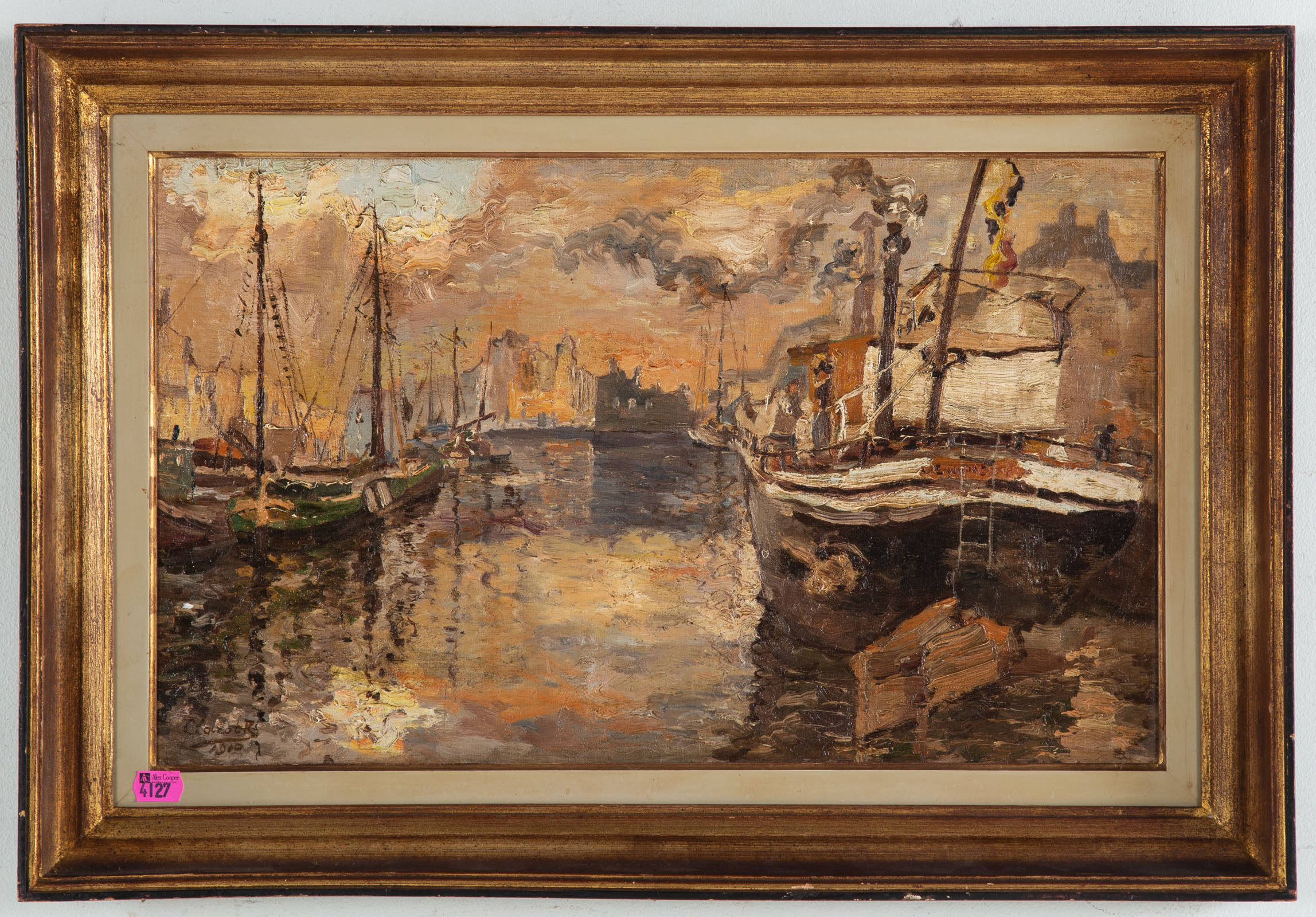 RENE CLAROT. BOATS IN A HARBOR, OIL