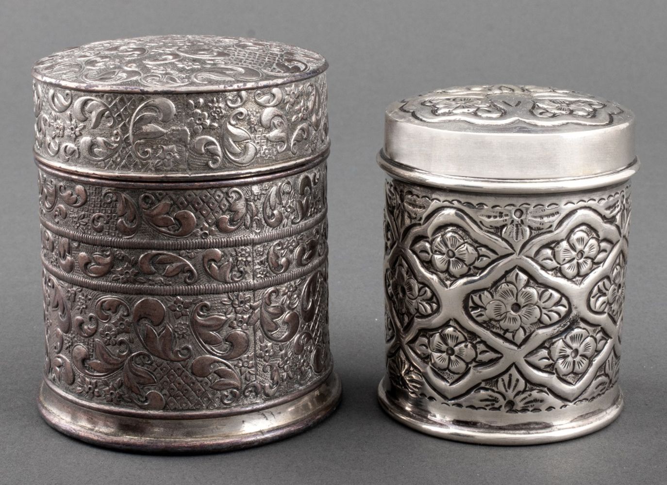 REPOUSSE SILVER TEA CADDIES, 2