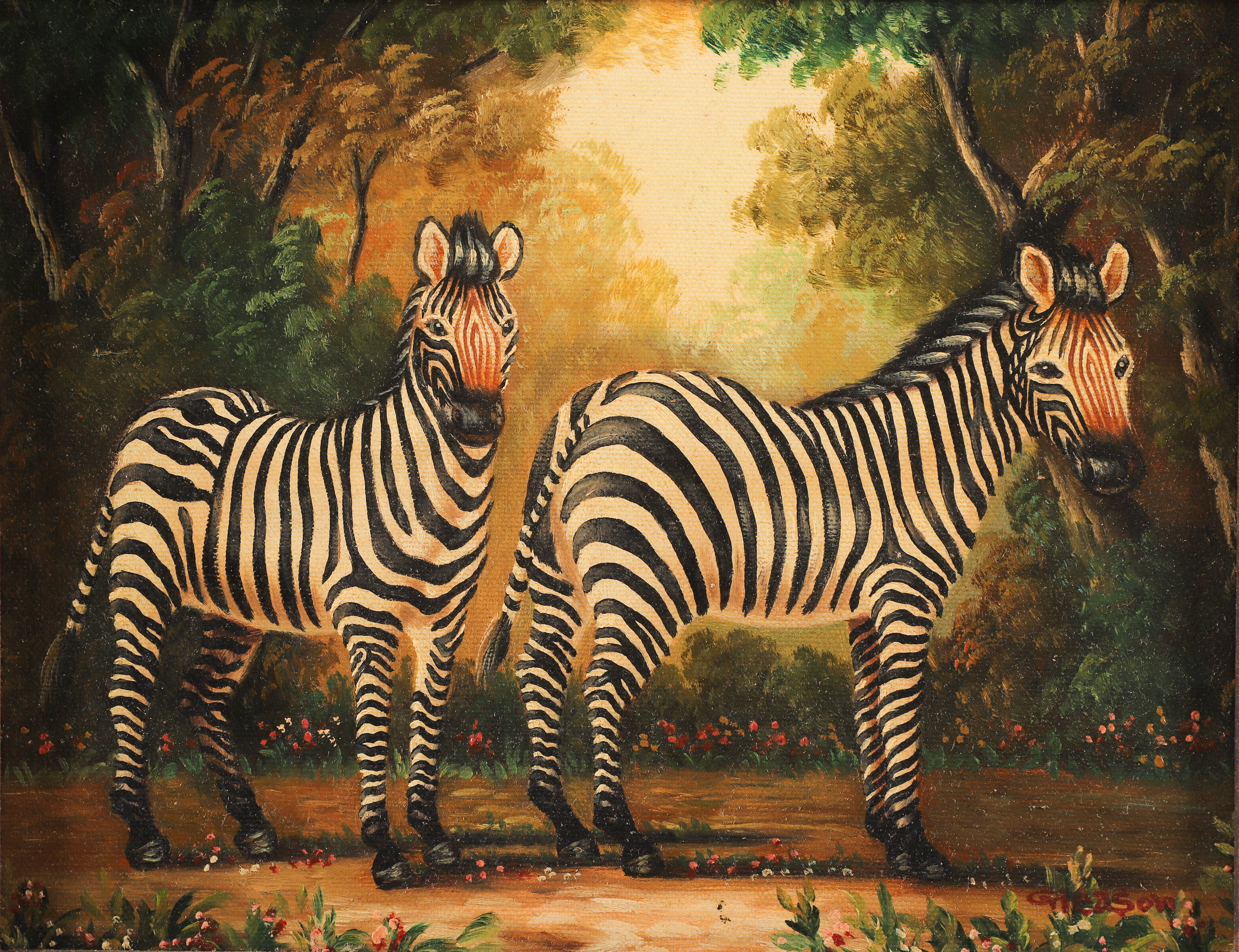 Reproduction painting of zebras,