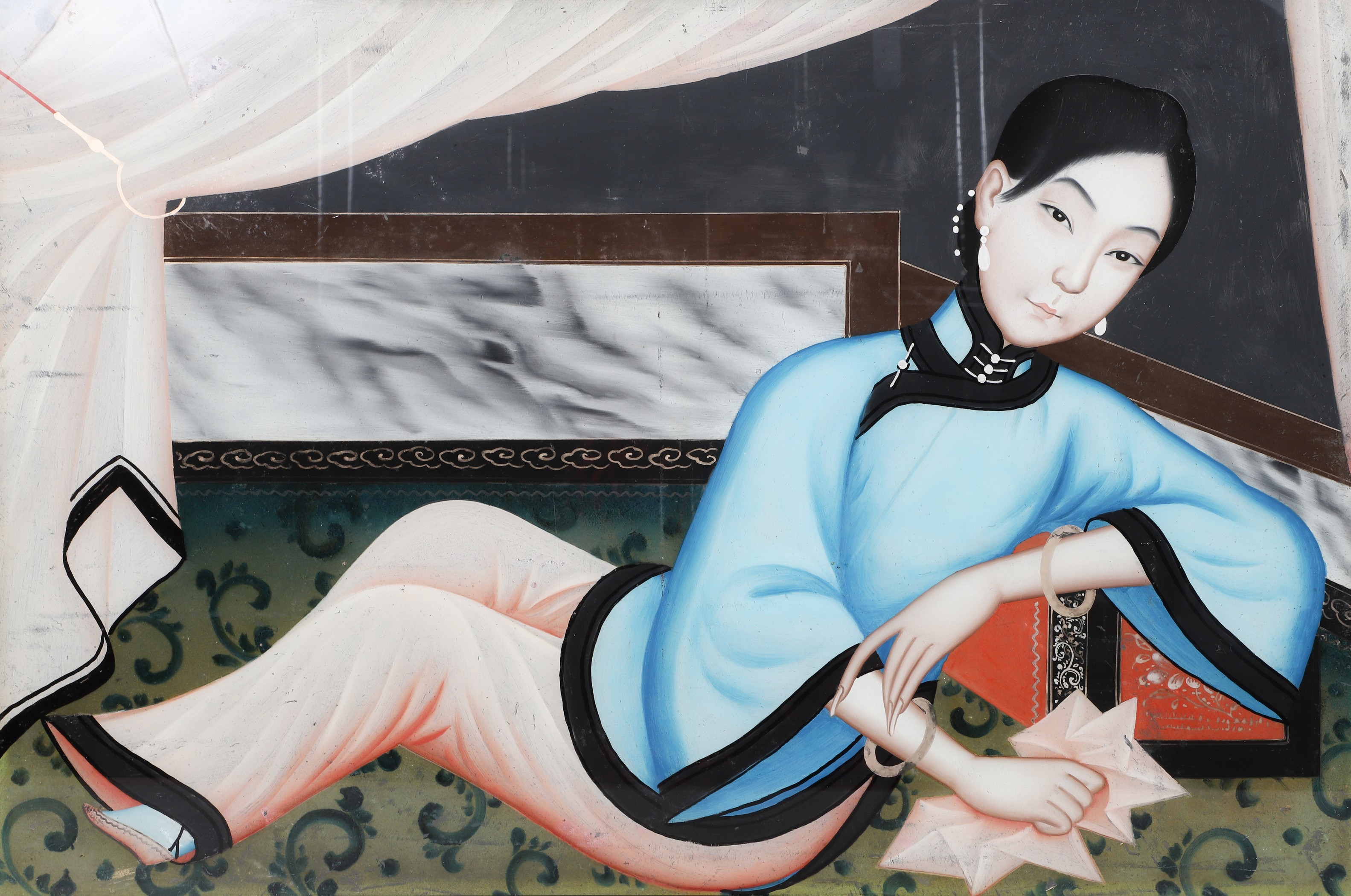 Reverse painting on glass,reclining