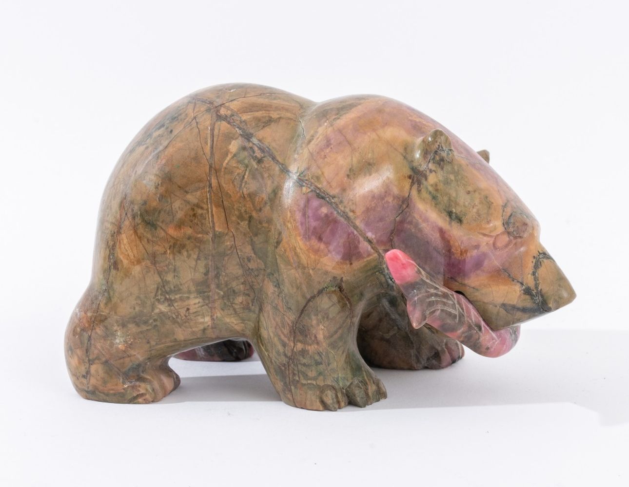RHODONITE CARVED BEAR WITH SALMON