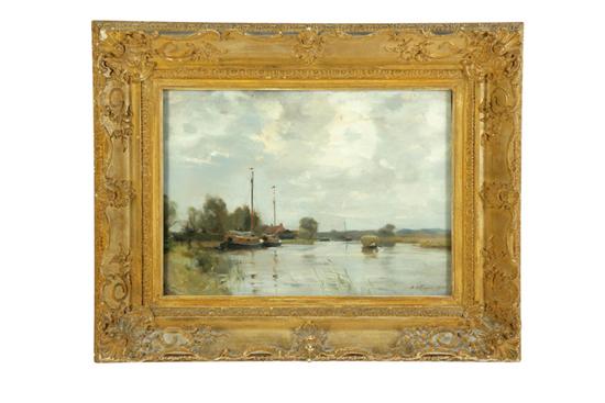 RIVER LANDSCAPE WITH BOATS BY