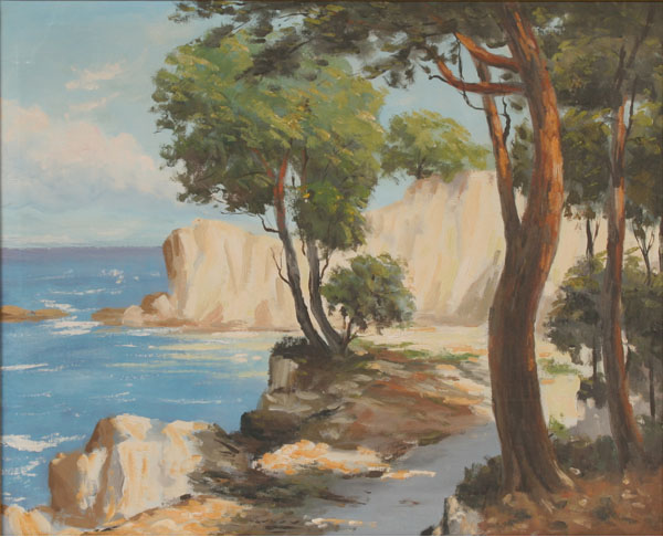 Rocky coastal scene with trees near