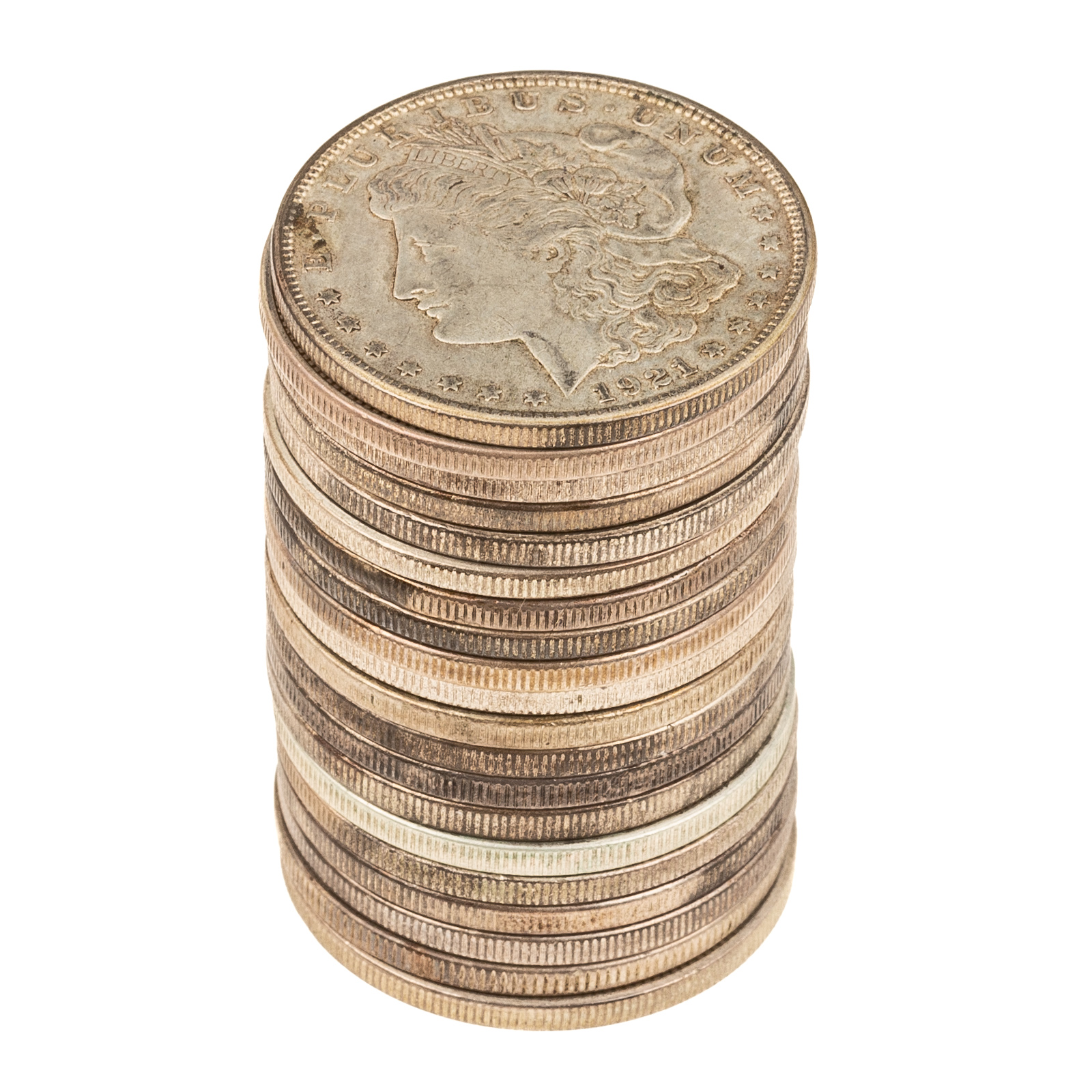 ROLL OF 1921 MORGANS, ALL 3 MINTS